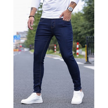 Contrast Stitching Slim Fit Jeans, Men's Casual Street Style Mid Stretch Denim Pants For Spring Summer