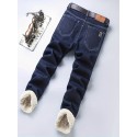 Men's Casual Warm Thick Jeans, Classic Design Stretch Straight Leg Jeans For Business