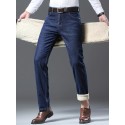 Men's Casual Warm Thick Jeans, Classic Design Stretch Straight Leg Jeans For Business