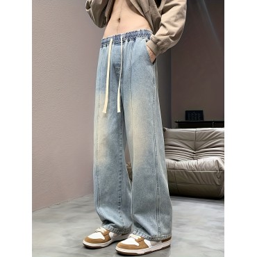 Wide Leg Cotton Blend  Drawstring Jeans, Men's Casual Street Style Loose Fit Denim Pants For Spring Summer