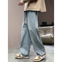 Wide Leg Cotton Blend  Drawstring Jeans, Men's Casual Street Style Loose Fit Denim Pants For Spring Summer