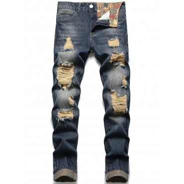 Regular Fit Ripped Jeans, Men's Casual Street Style Distressed Denim Pants For All Seasons