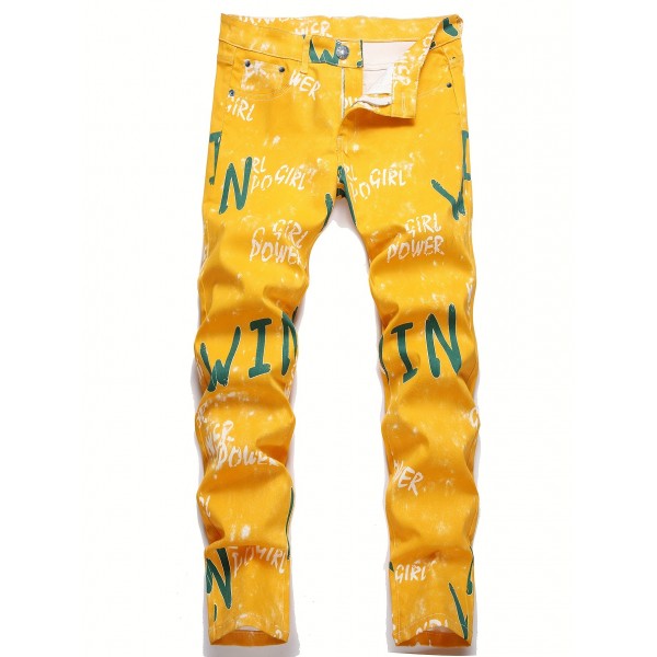 Men's Casual Star Pattern Jeans, Street Style Chic Regular Jeans