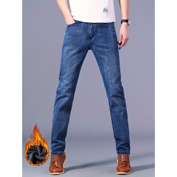 Warm Fleece Straight Leg Jeans For Business, Men's Semi-formal Denim Pants For Fall Winter
