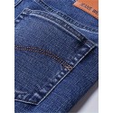 Warm Fleece Straight Leg Jeans For Business, Men's Semi-formal Denim Pants For Fall Winter