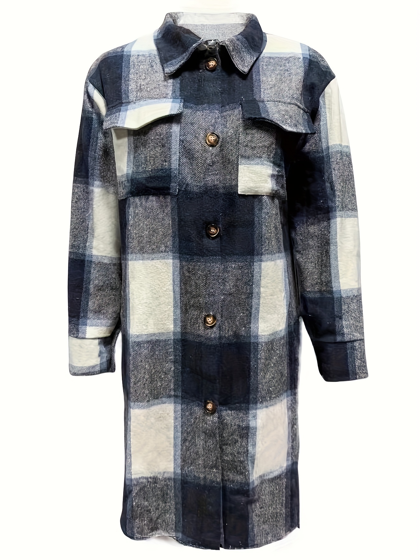 plaid print long length jacket casual button front flap pockets outwear womens clothing details 24