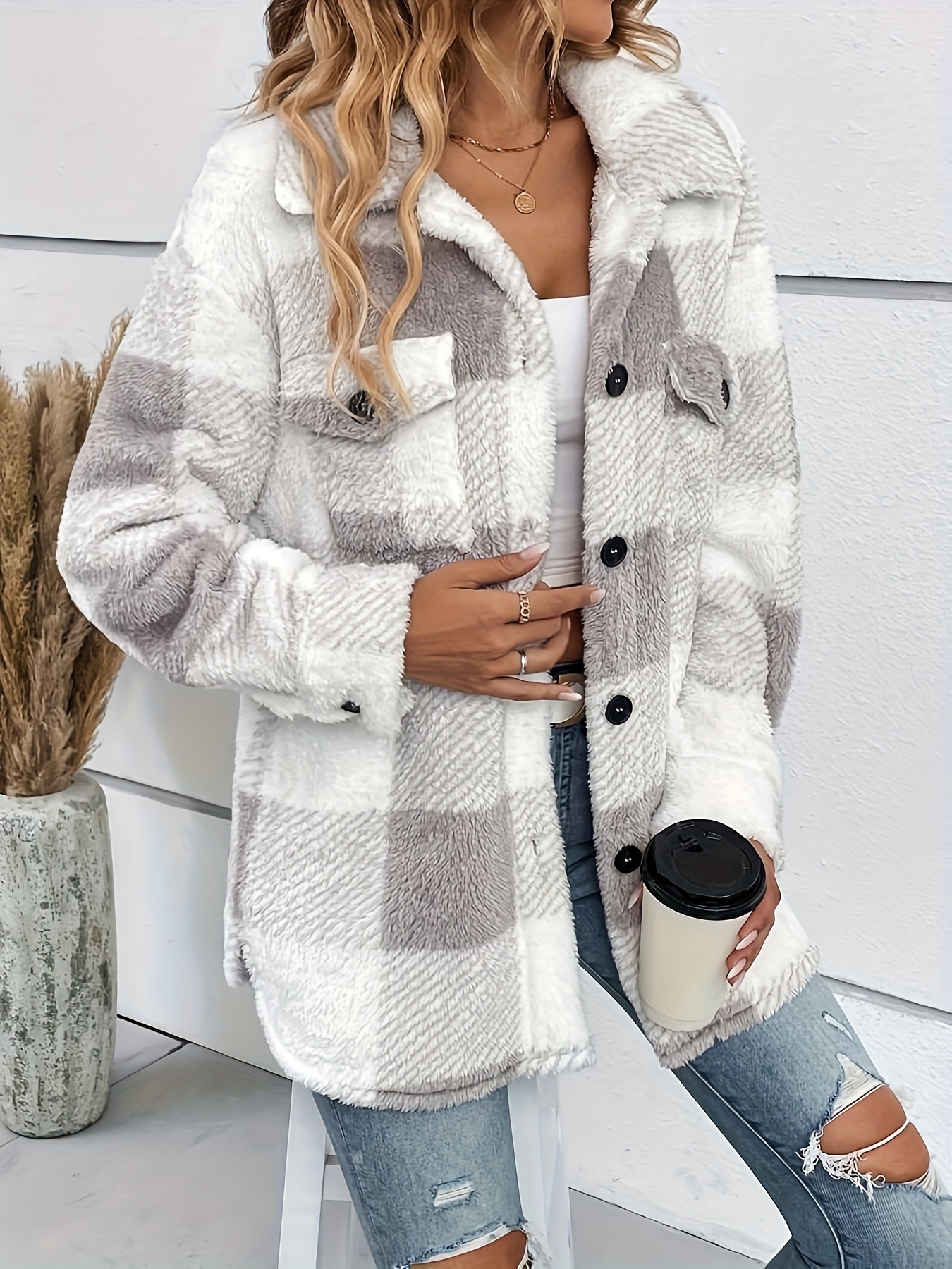 plaid fuzzy fall winter jacket casual button front long sleeve outerwear womens clothing details 0