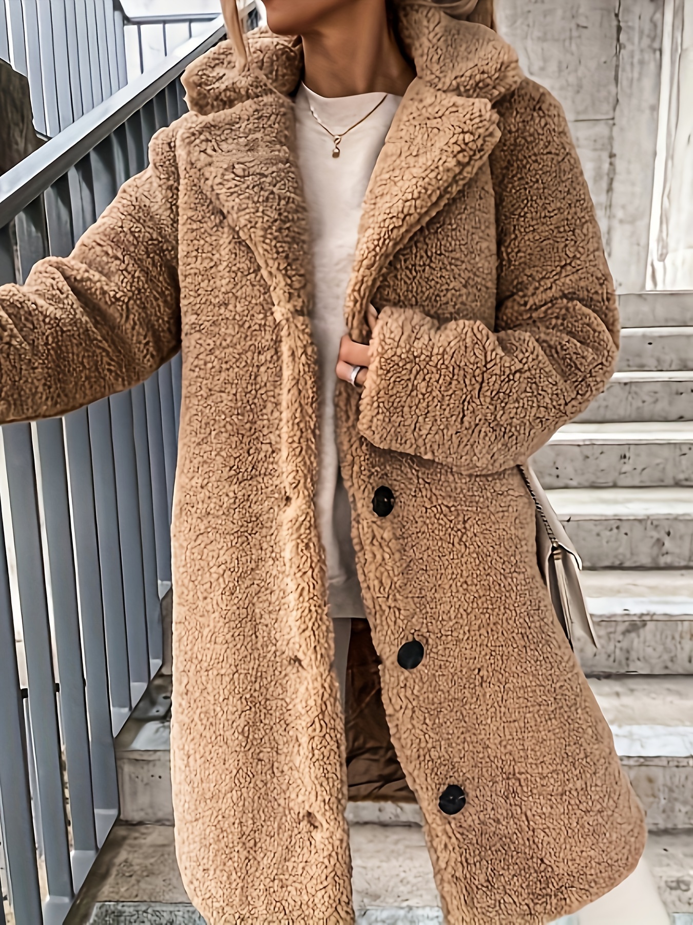 solid teddy fall winter coat casual button front long sleeve outerwear womens clothing details 4