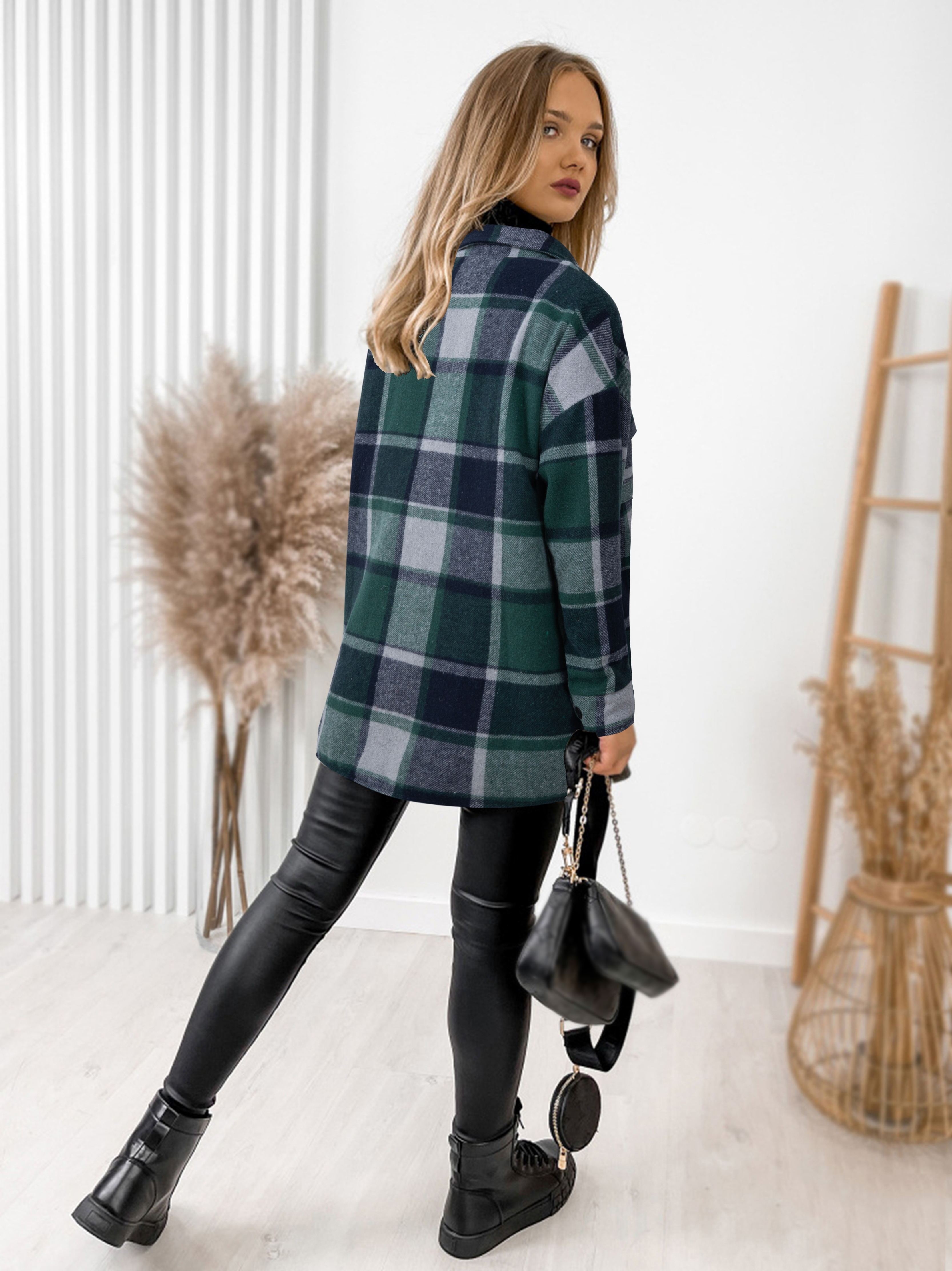 plaid print shacket jacket casual button front long sleeve pocket outerwear womens clothing details 11