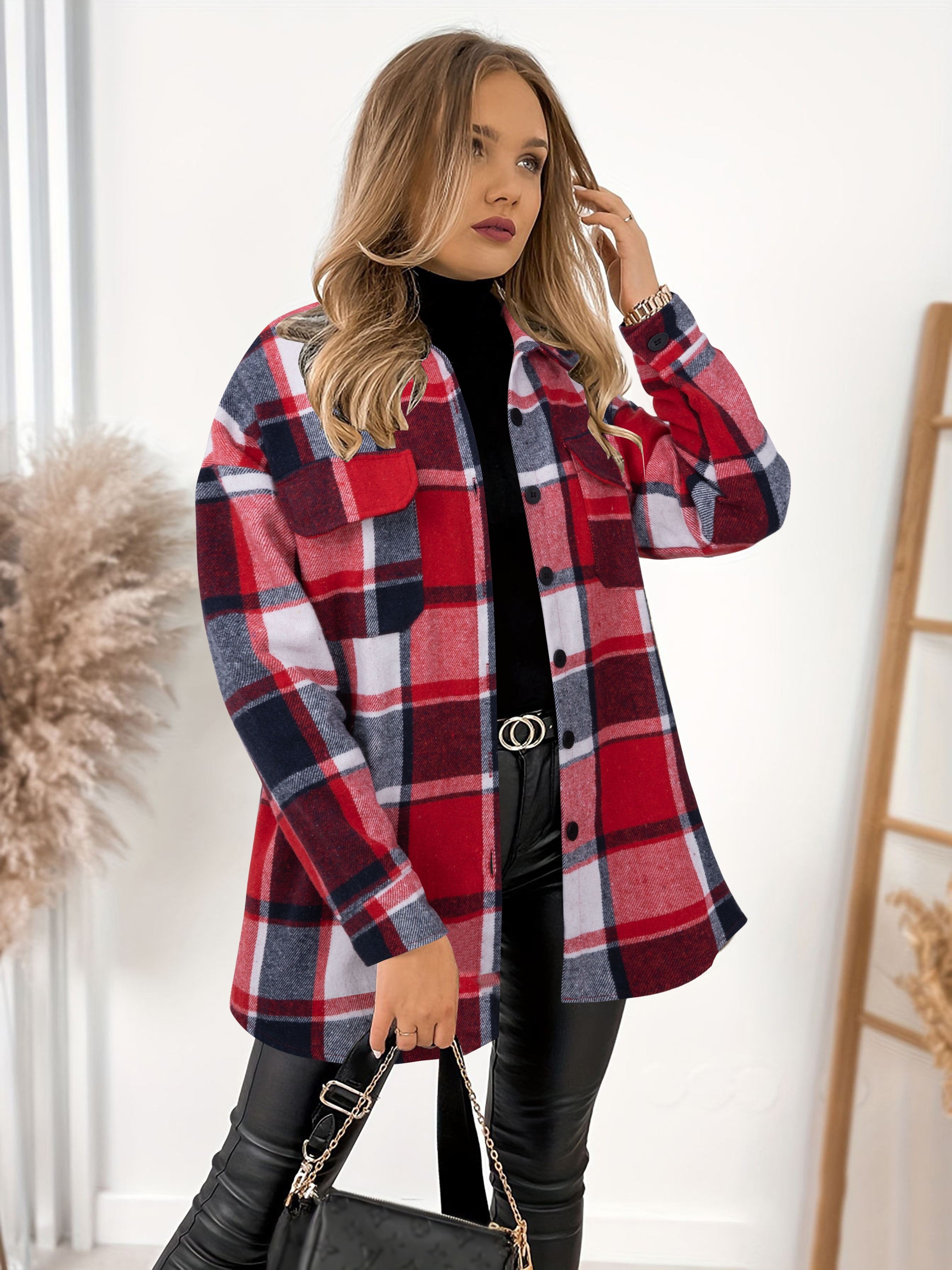 plaid print shacket jacket casual button front long sleeve pocket outerwear womens clothing details 14