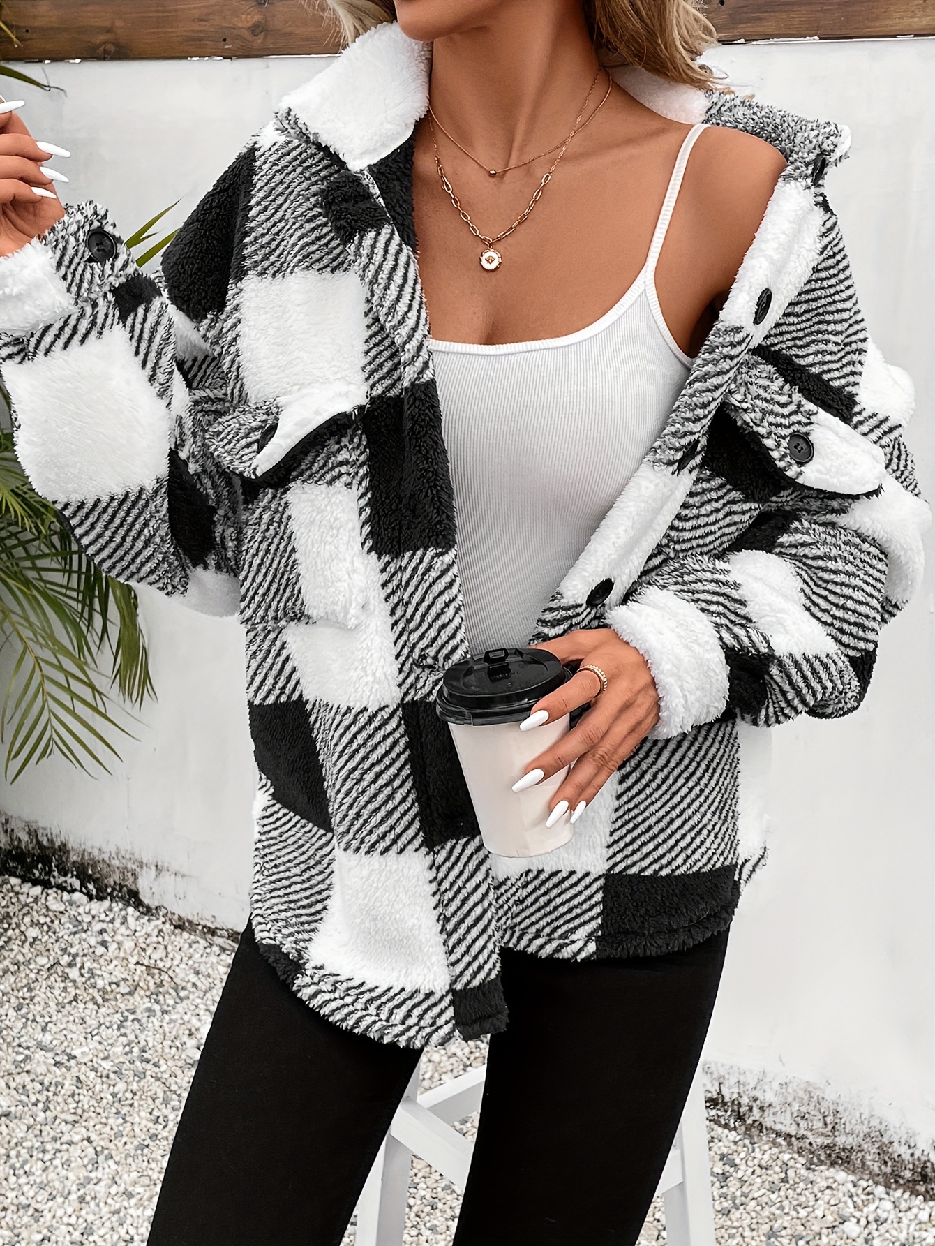 coat, plaid fuzzy fall winter coat casual button front long sleeve warm outerwear womens clothing details 4