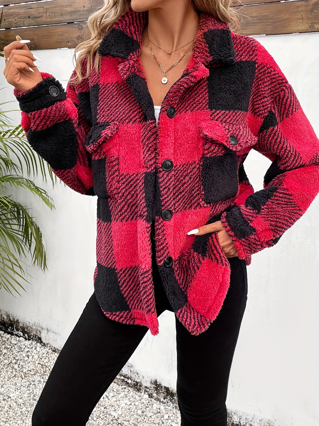 coat, plaid fuzzy fall winter coat casual button front long sleeve warm outerwear womens clothing details 14