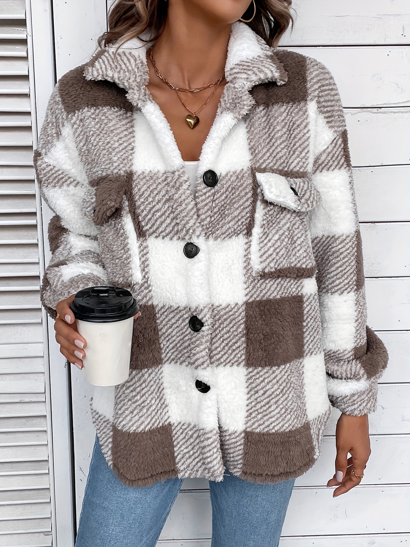 coat, plaid fuzzy fall winter coat casual button front long sleeve warm outerwear womens clothing details 18