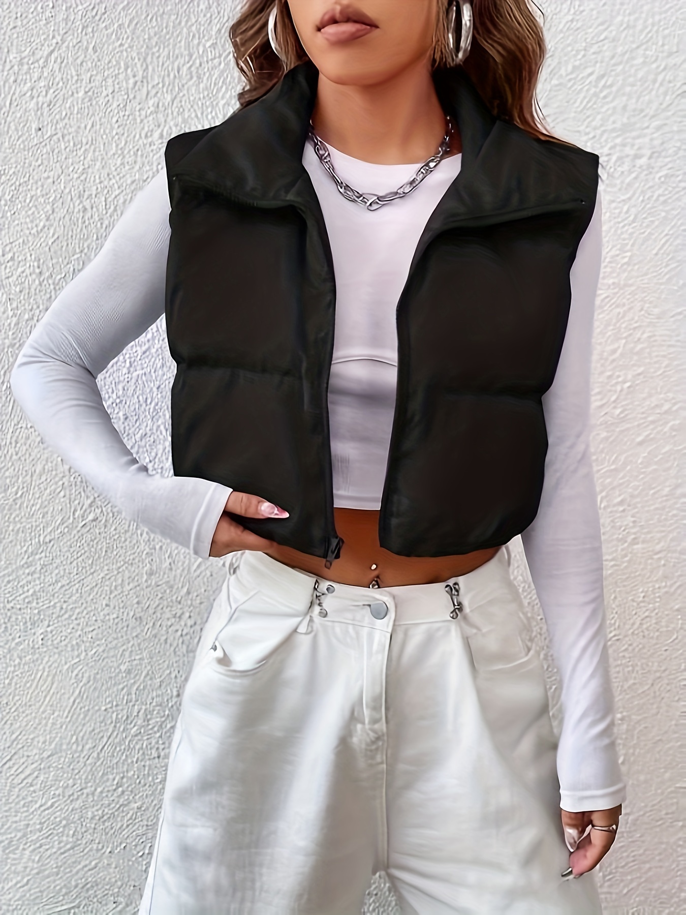 zip up cropped vest coat casual solid sleeveless stand collar outerwear womens clothing details 0