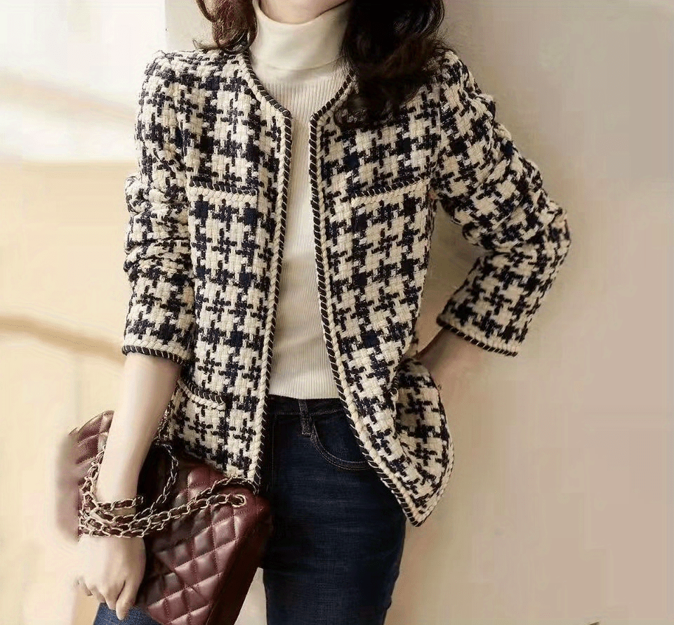 plaid pattern jacket elegant crew neck open front long sleeve outerwear womens clothing details 0