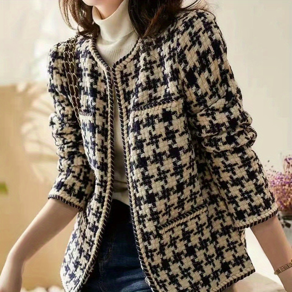 plaid pattern jacket elegant crew neck open front long sleeve outerwear womens clothing details 2