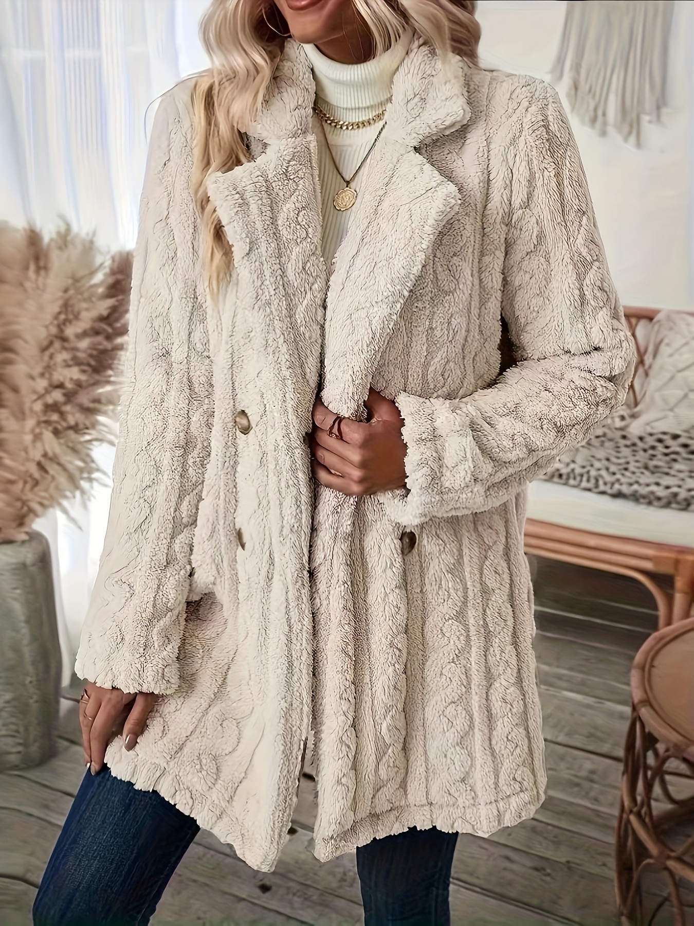 double breasted plush textured coat, double breasted plush textured coat thermal notched collar long sleeve teddy bear coat womens clothing details 1