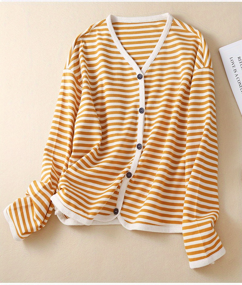 striped print button front jacket casual v neck long sleeve outerwear for spring summer womens clothing details 1