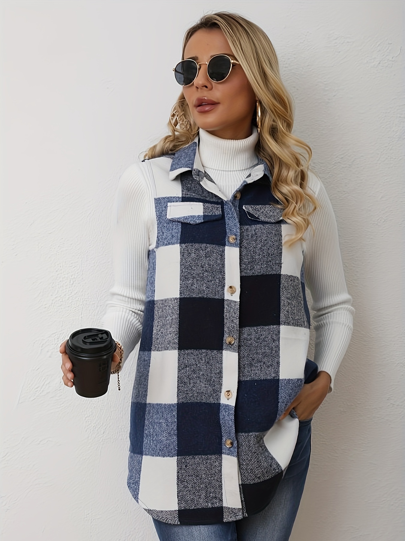 plaid pattern sleeveless vest casual button front vest womens clothing details 0