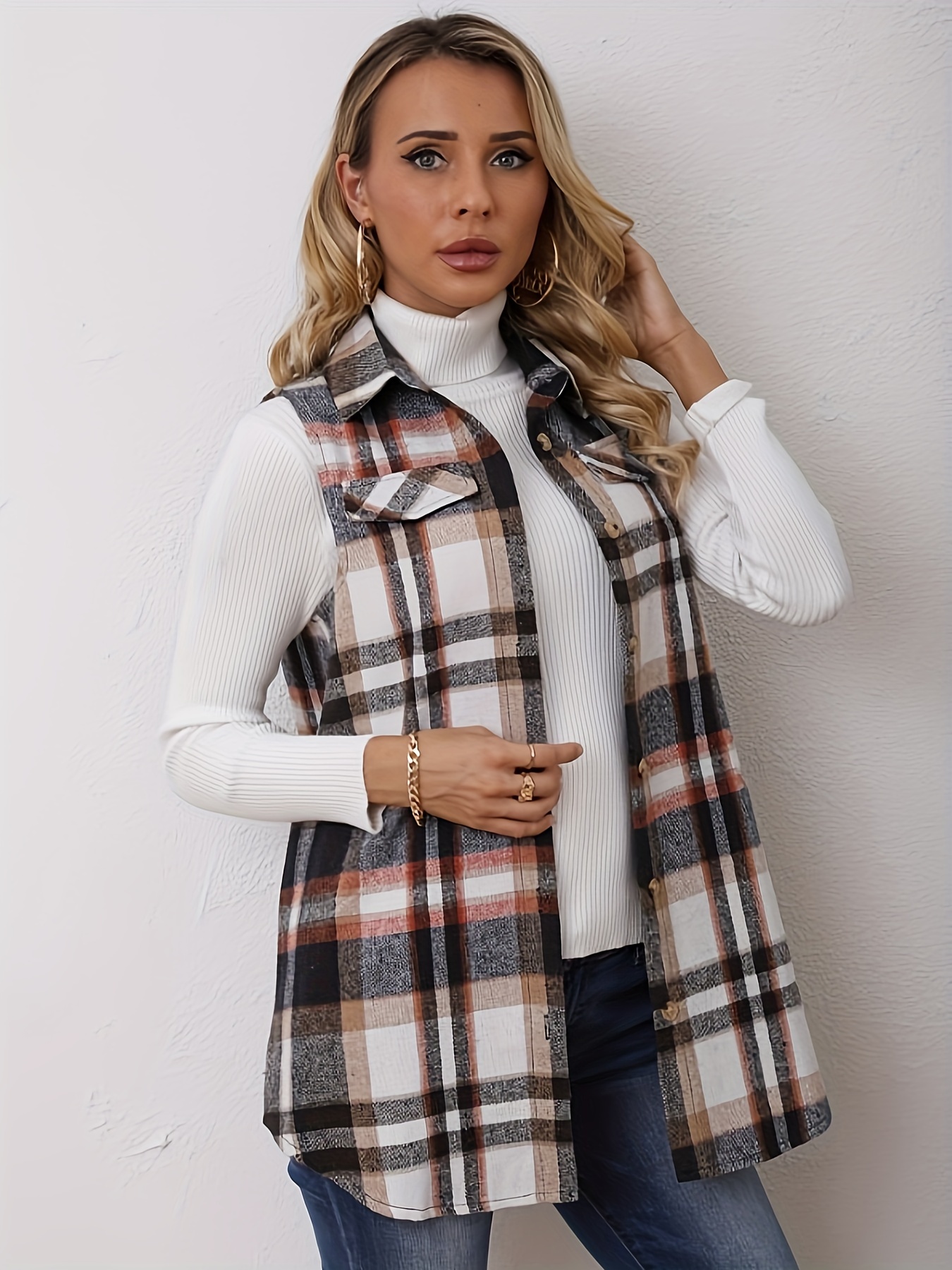 plaid pattern sleeveless vest casual button front vest womens clothing details 6