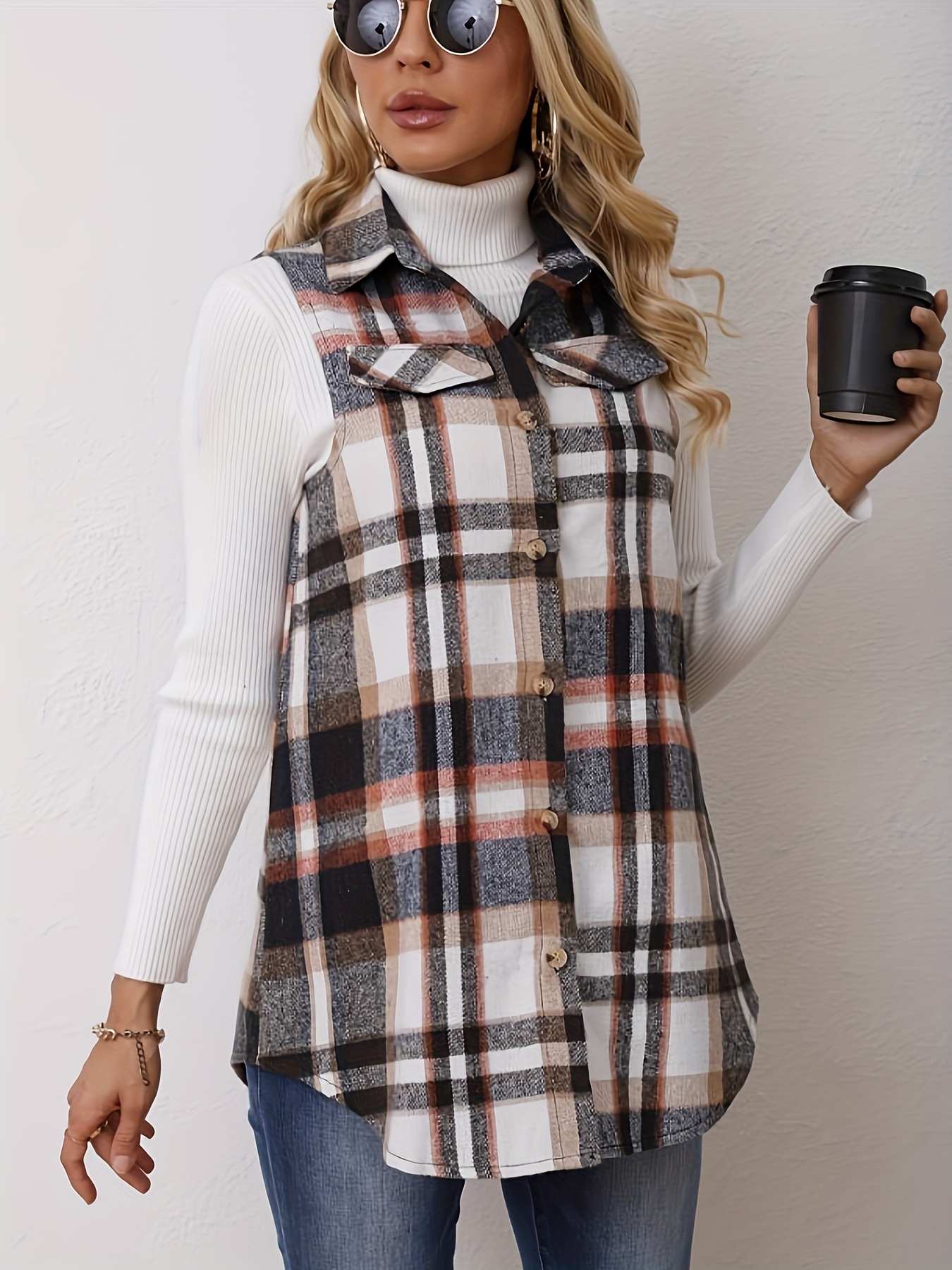 plaid pattern sleeveless vest casual button front vest womens clothing details 10