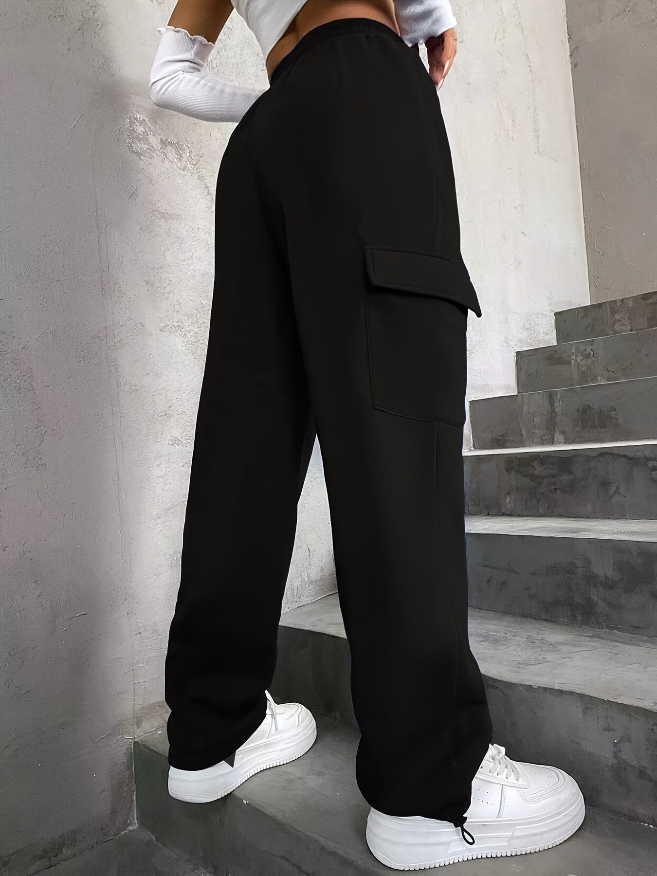 solid high waist pants casual drawstring pants with pockets womens clothing details 0