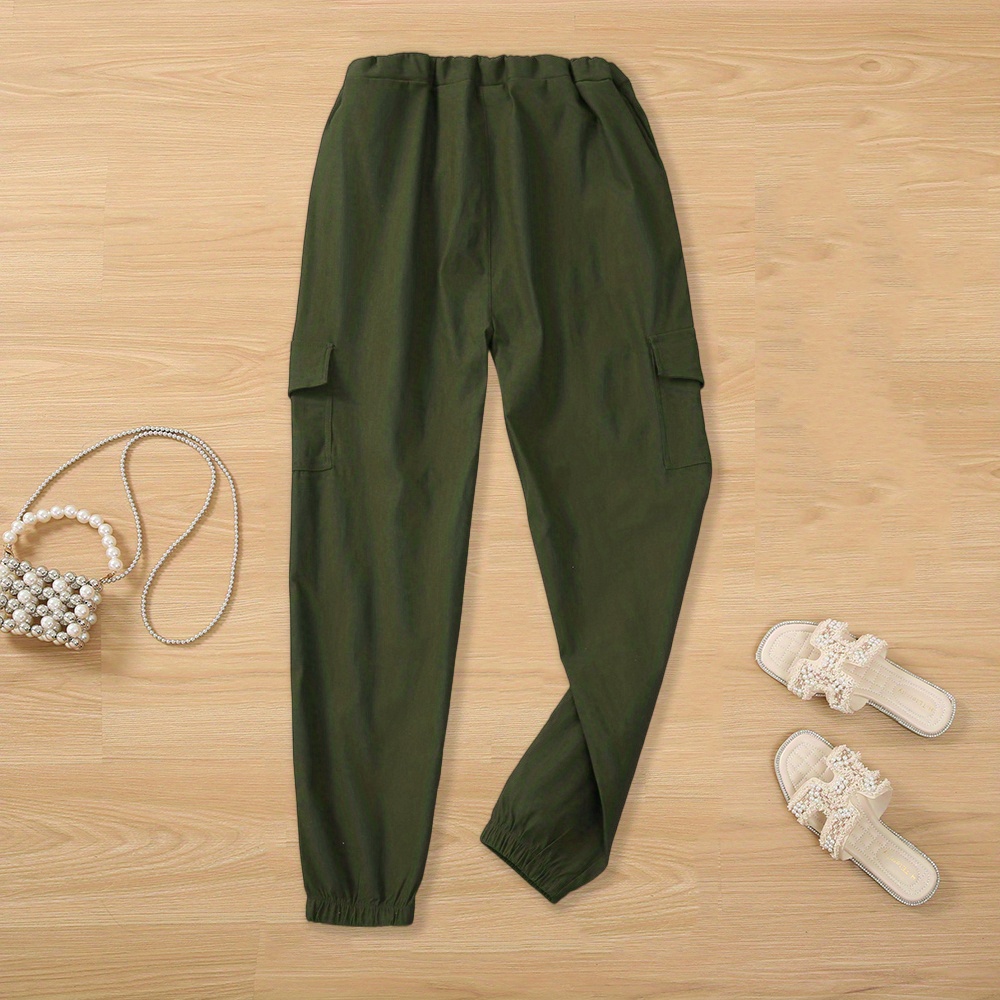 y2k solid drawstring cargo pants casual elastic waist long length pants with pockets womens clothing details 9