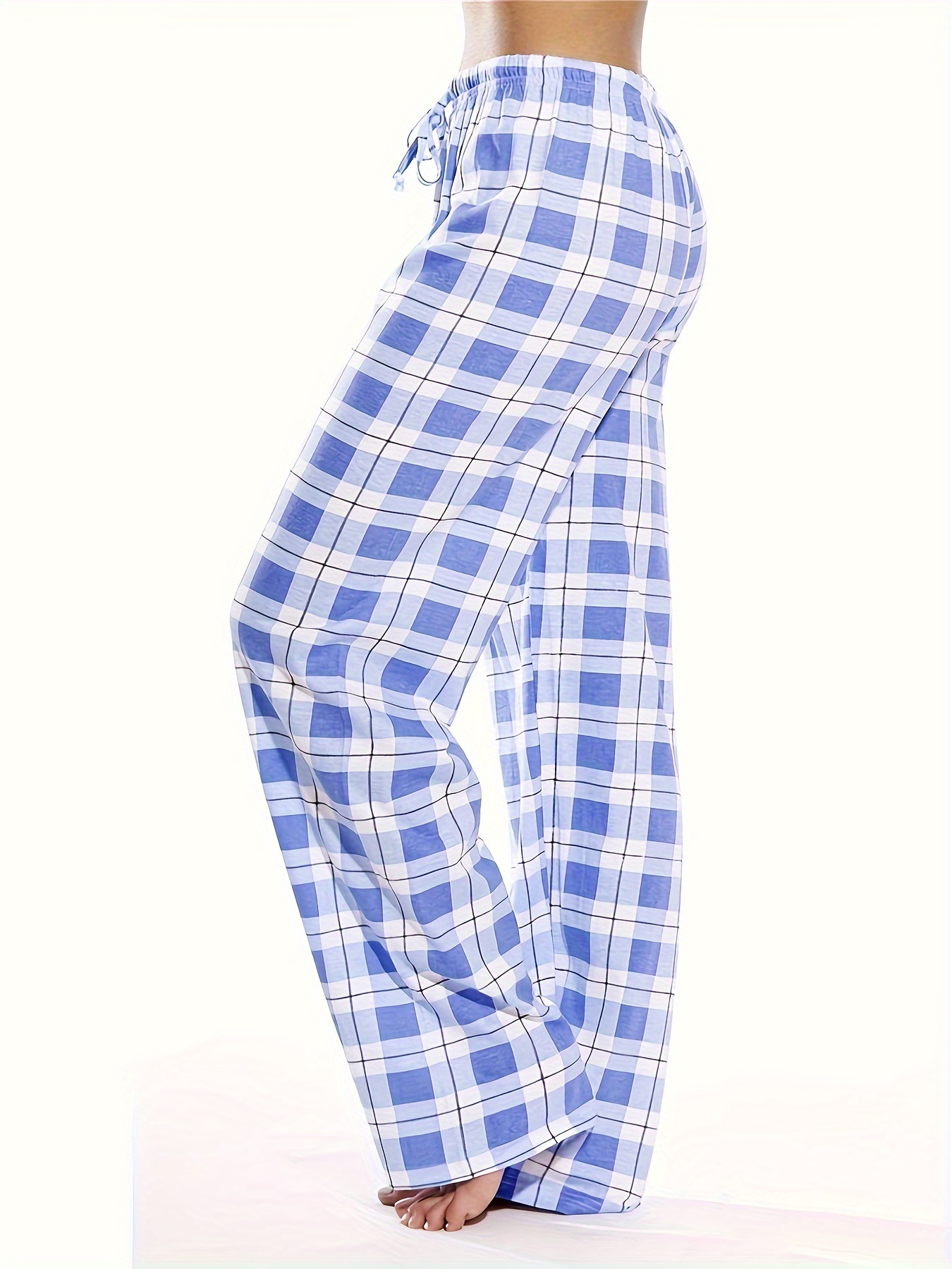 plaid pattern drawstring pants casual wide leg pants womens clothing details 2