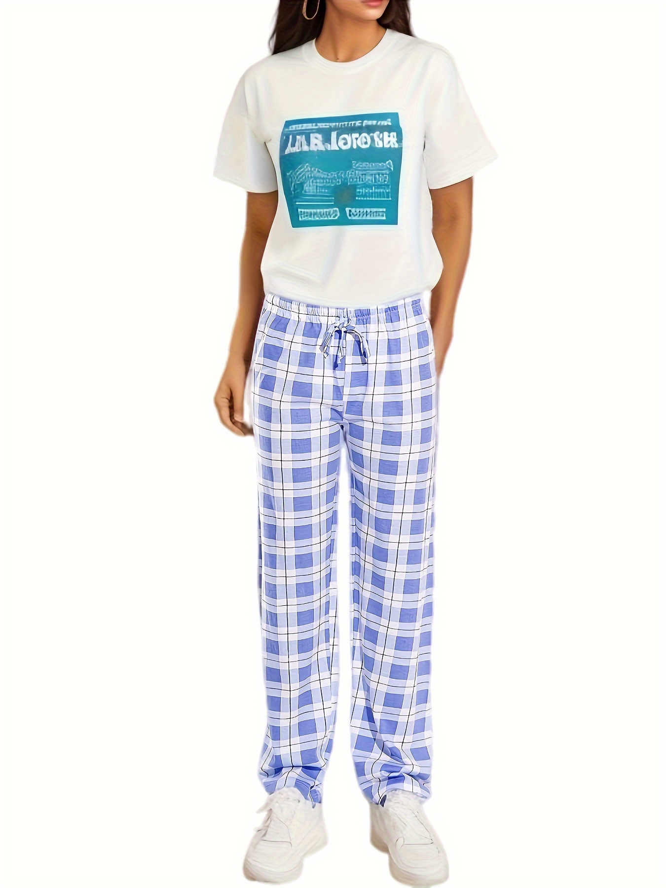 plaid pattern drawstring pants casual wide leg pants womens clothing details 3