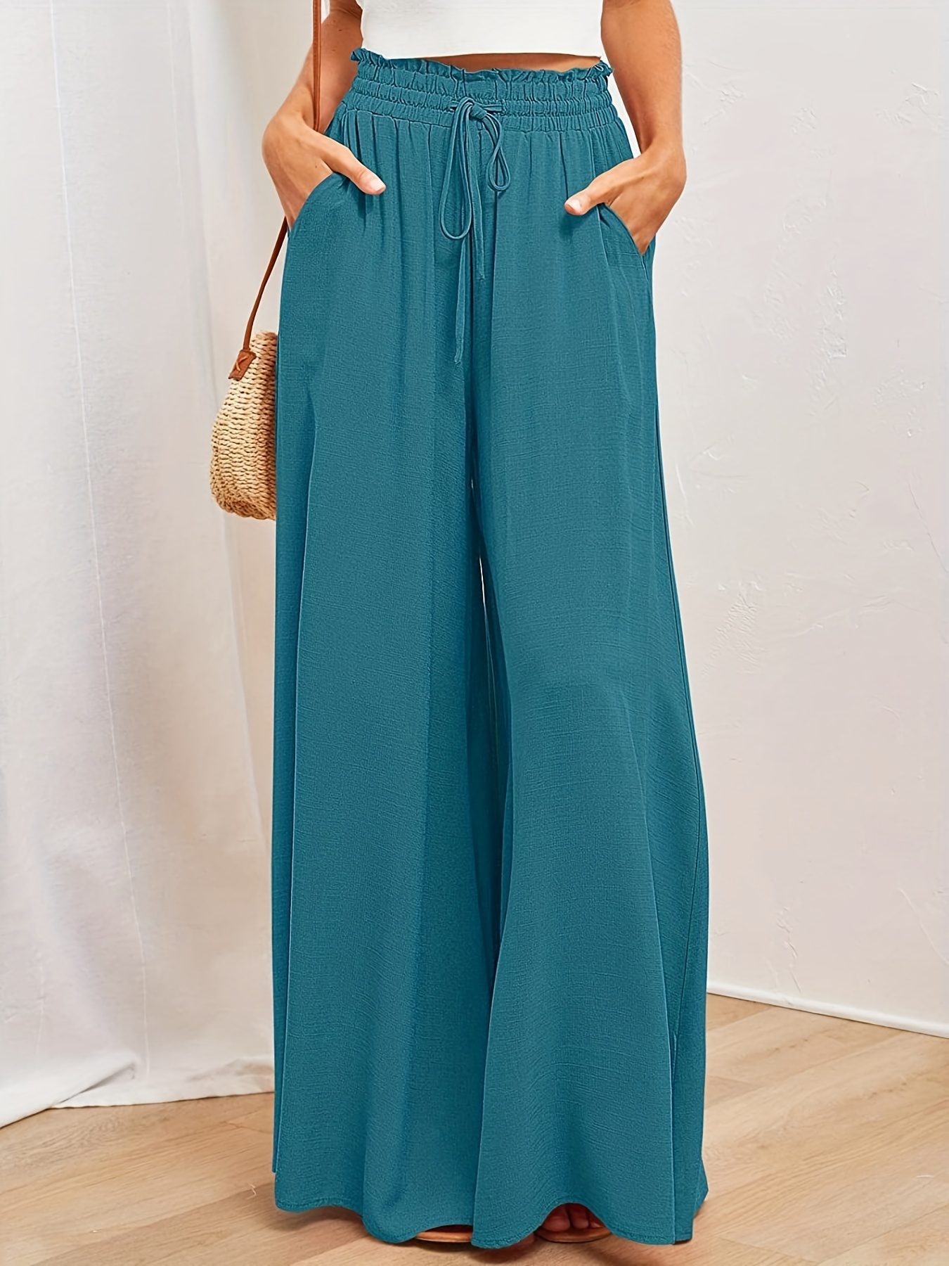 womens wide leg palazzo pants flowy ruffle solid pants womens clothing details 8