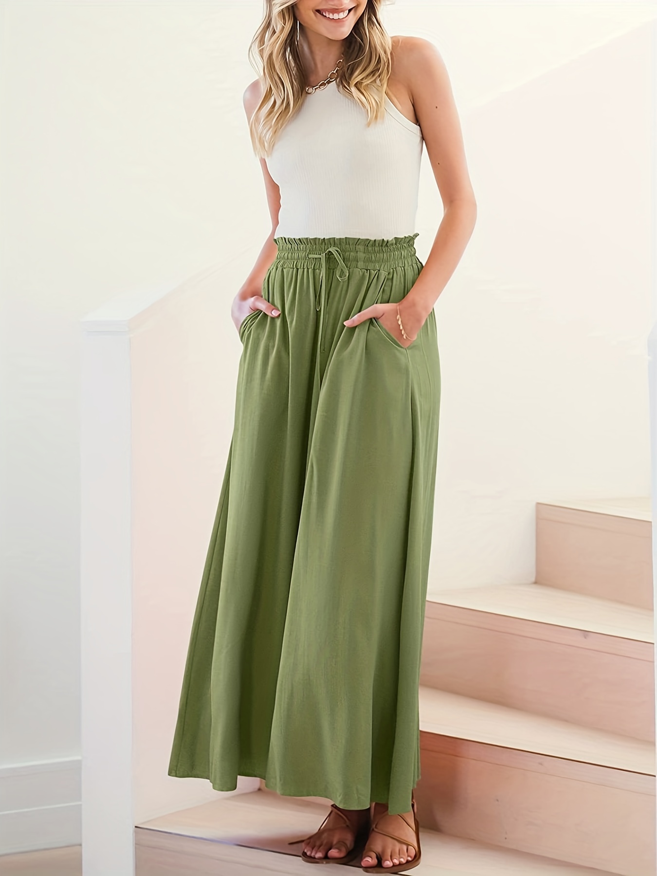 womens wide leg palazzo pants flowy ruffle solid pants womens clothing details 13