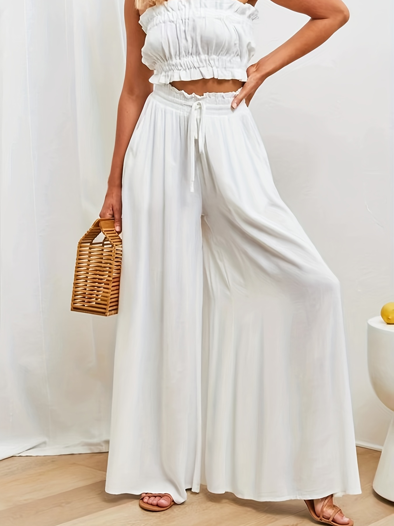 womens wide leg palazzo pants flowy ruffle solid pants womens clothing details 24