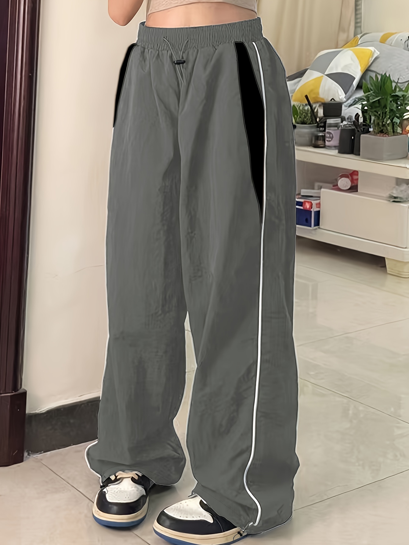 color block cargo pants y2k drawstring elastic waist wide leg pants womens clothing details 1