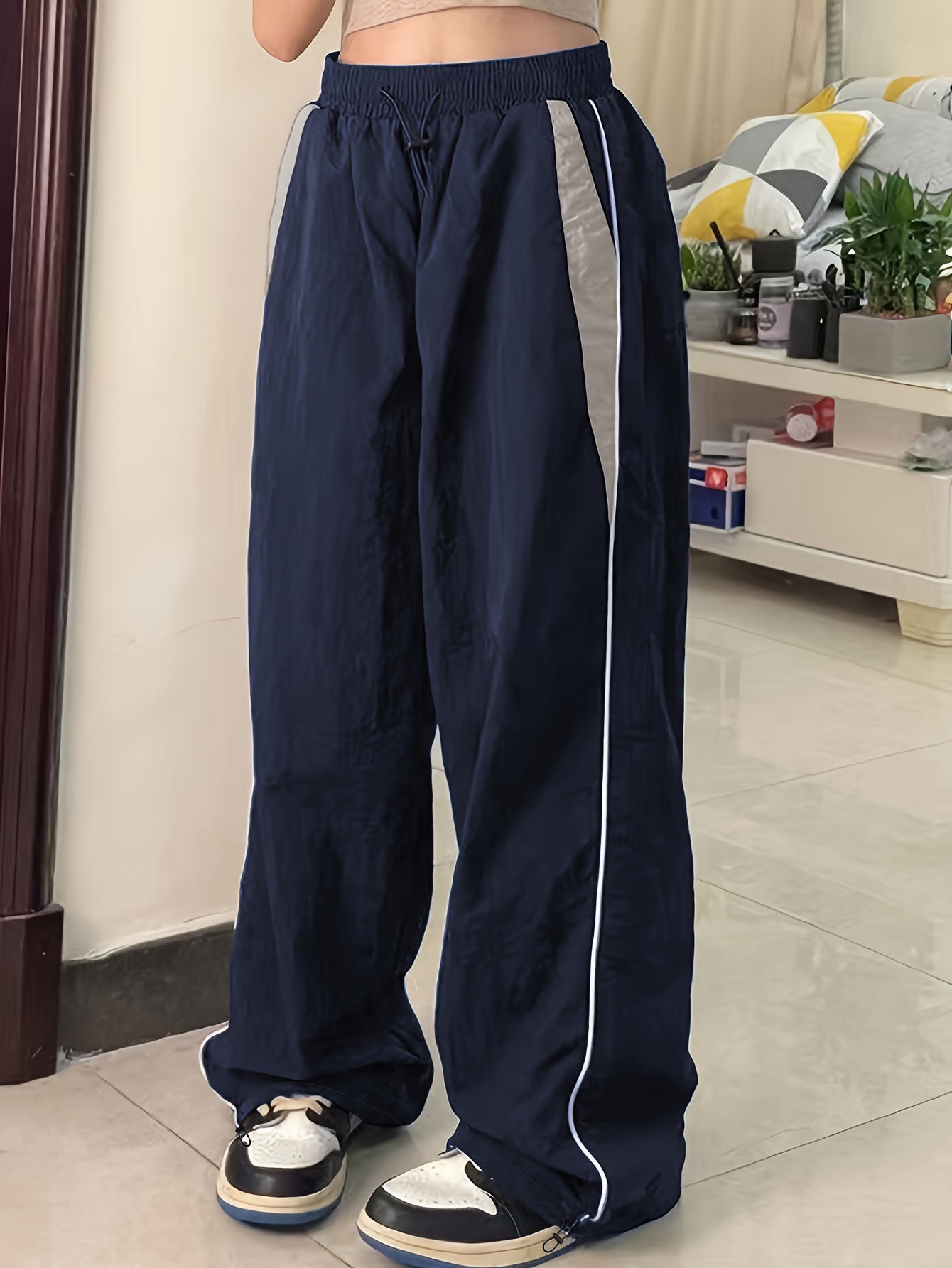 color block cargo pants y2k drawstring elastic waist wide leg pants womens clothing details 8