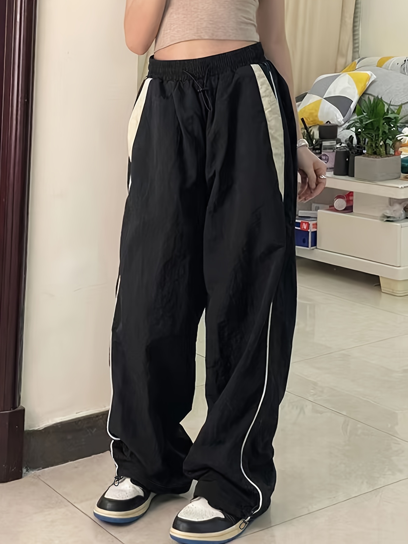 color block cargo pants y2k drawstring elastic waist wide leg pants womens clothing details 19