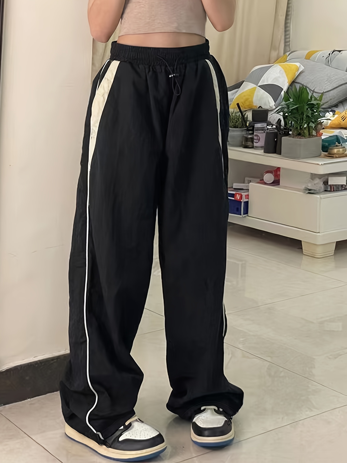 color block cargo pants y2k drawstring elastic waist wide leg pants womens clothing details 20