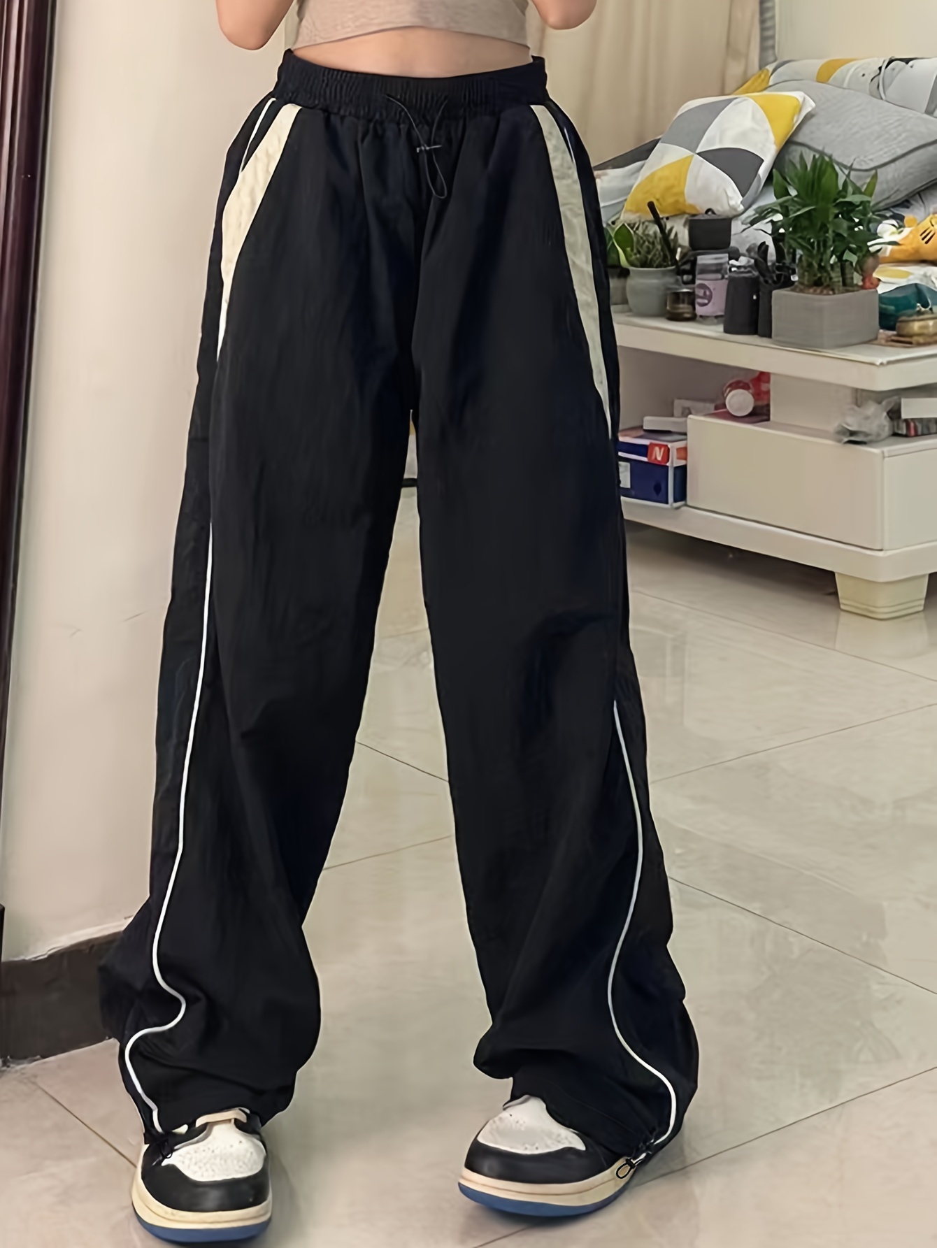 color block cargo pants y2k drawstring elastic waist wide leg pants womens clothing details 21