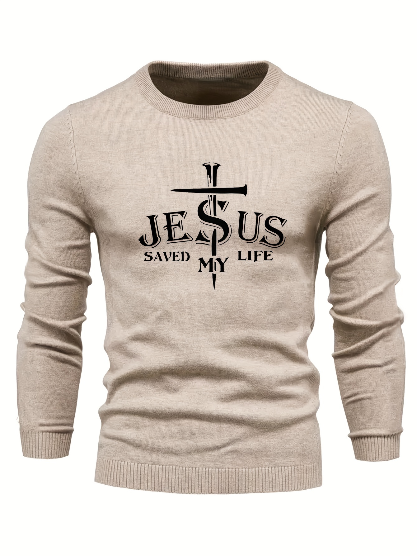 jesus saved my life print all match knitted sweater mens casual warm mid stretch crew neck pullover sweater for men fall winter details 10