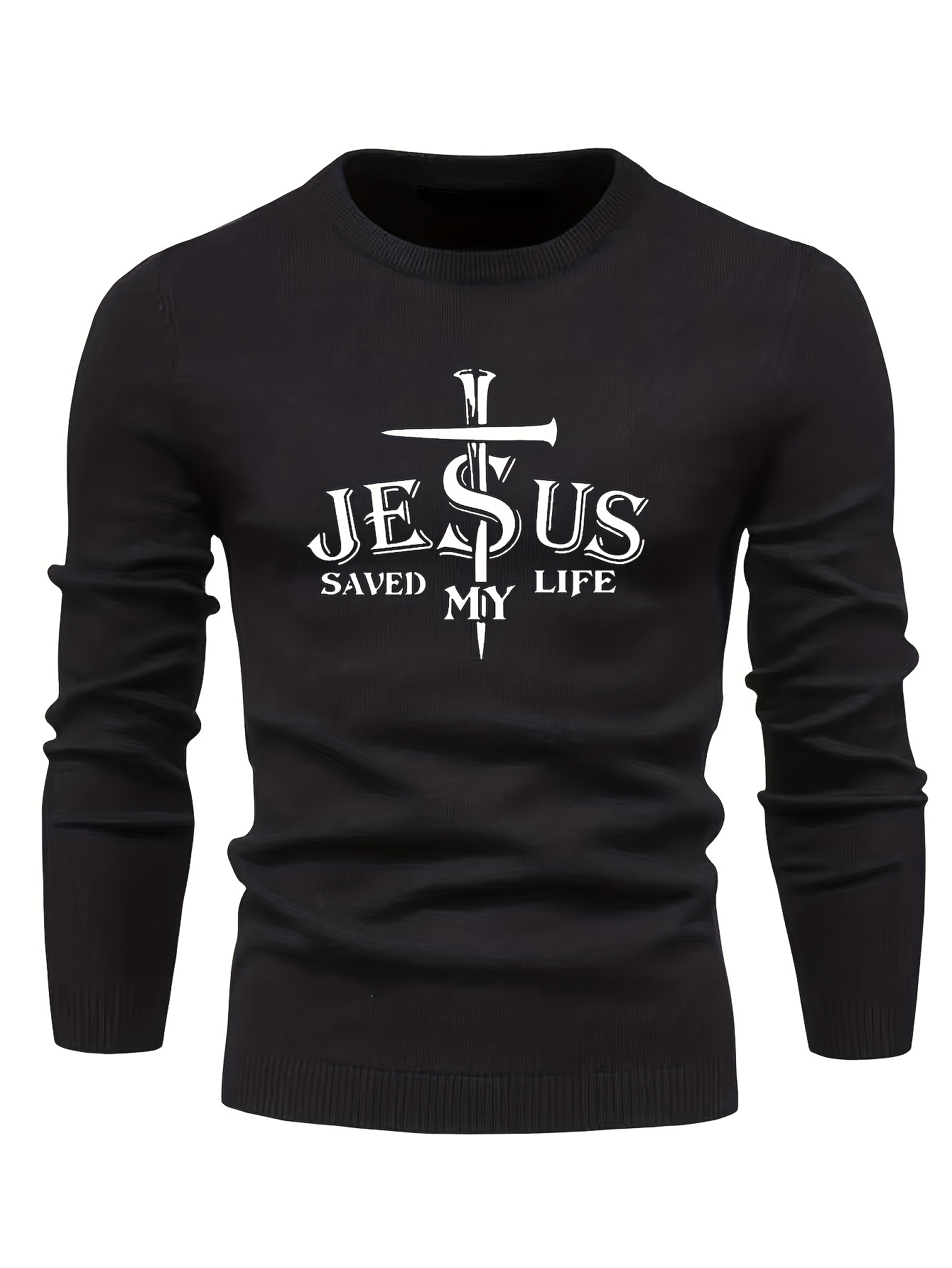 jesus saved my life print all match knitted sweater mens casual warm mid stretch crew neck pullover sweater for men fall winter details 21