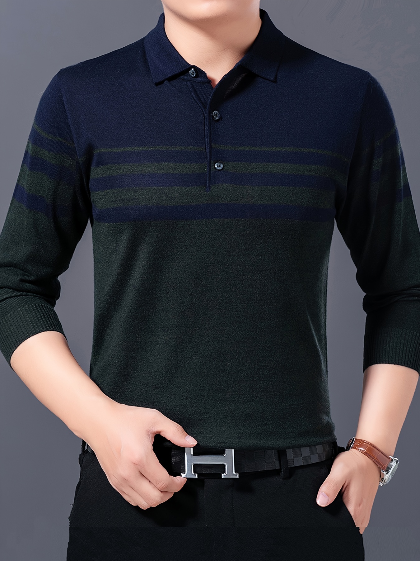 mens stylish striped sweater casual mid stretch breathable long sleeve shirt top for city walk street hanging details 3