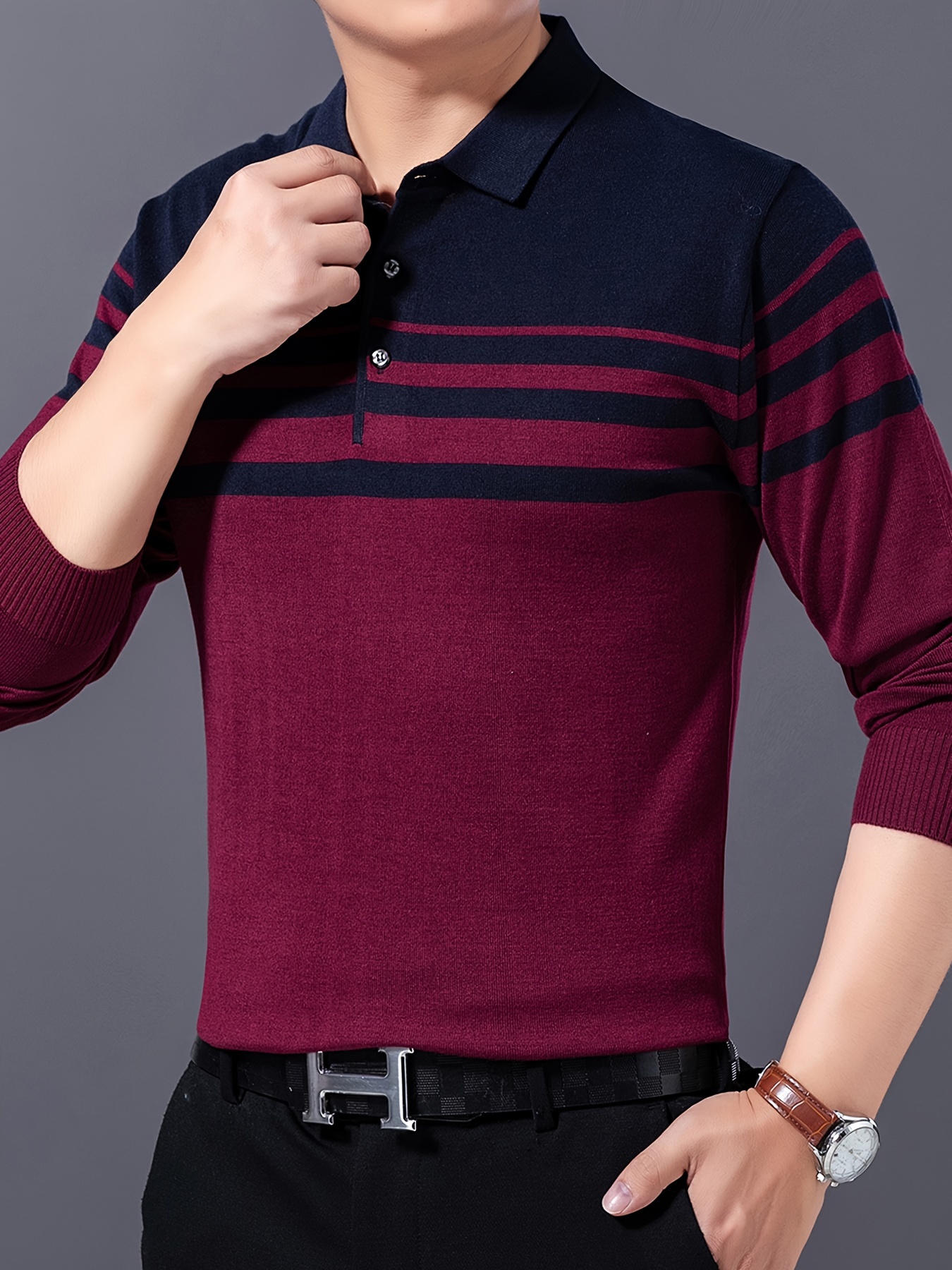 mens stylish striped sweater casual mid stretch breathable long sleeve shirt top for city walk street hanging details 6