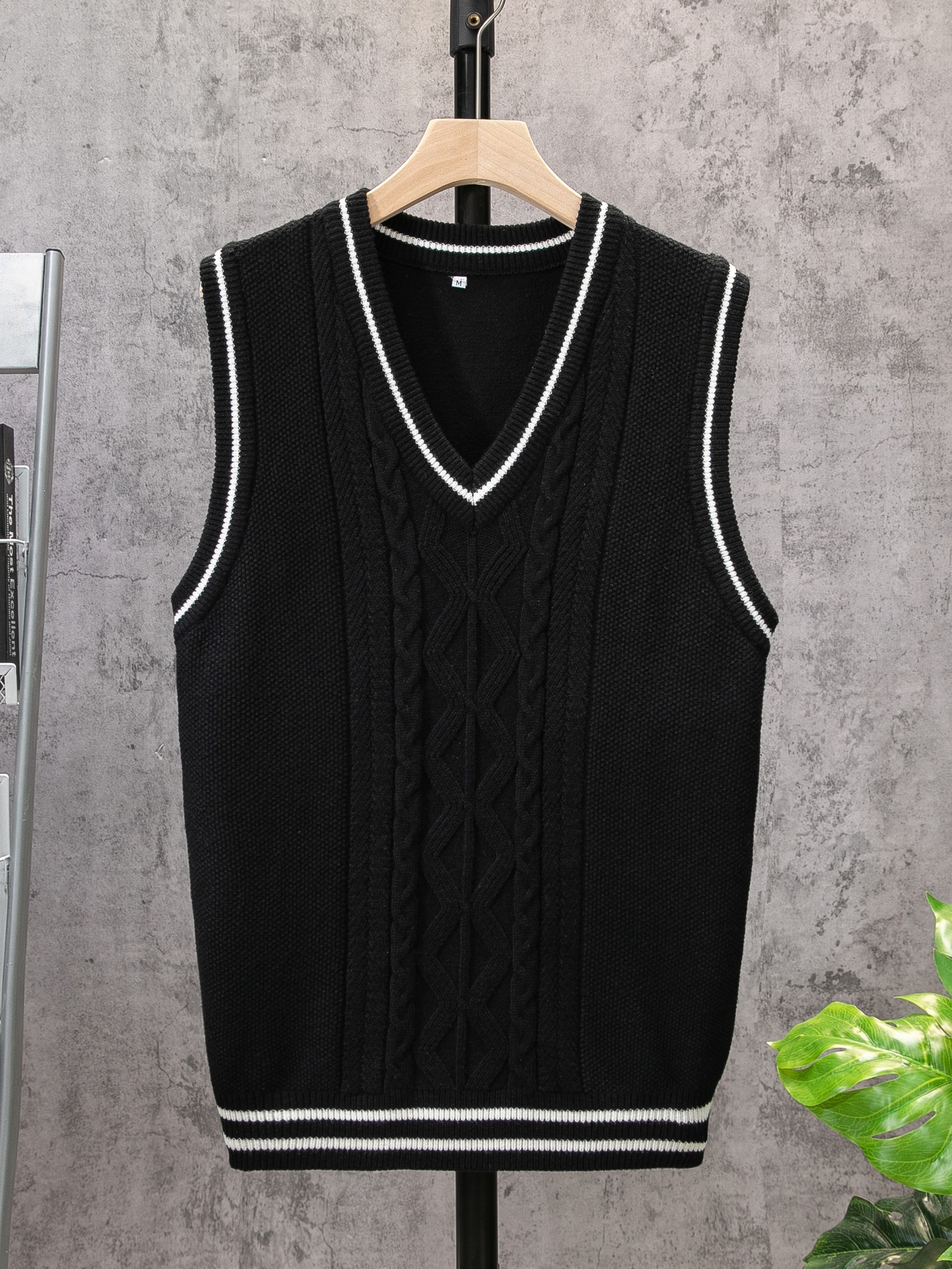 casual sleeveless v neck sweaters mens vertical stripe knit vest details 0