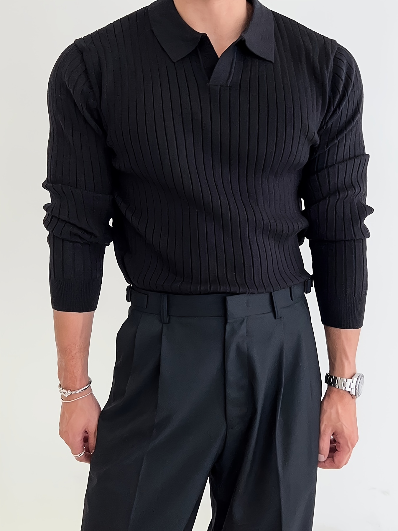 solid chic knit shirt mens casual lapel slightly stretch v neck pullover sweater for autumn winter details 22