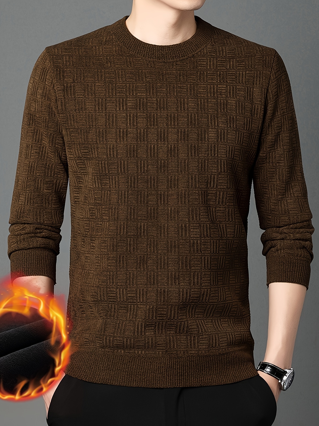 thermal knitted cable jacquard sweater mens casual warm slightly stretch crew neck pullover sweater for men fall winter details 7