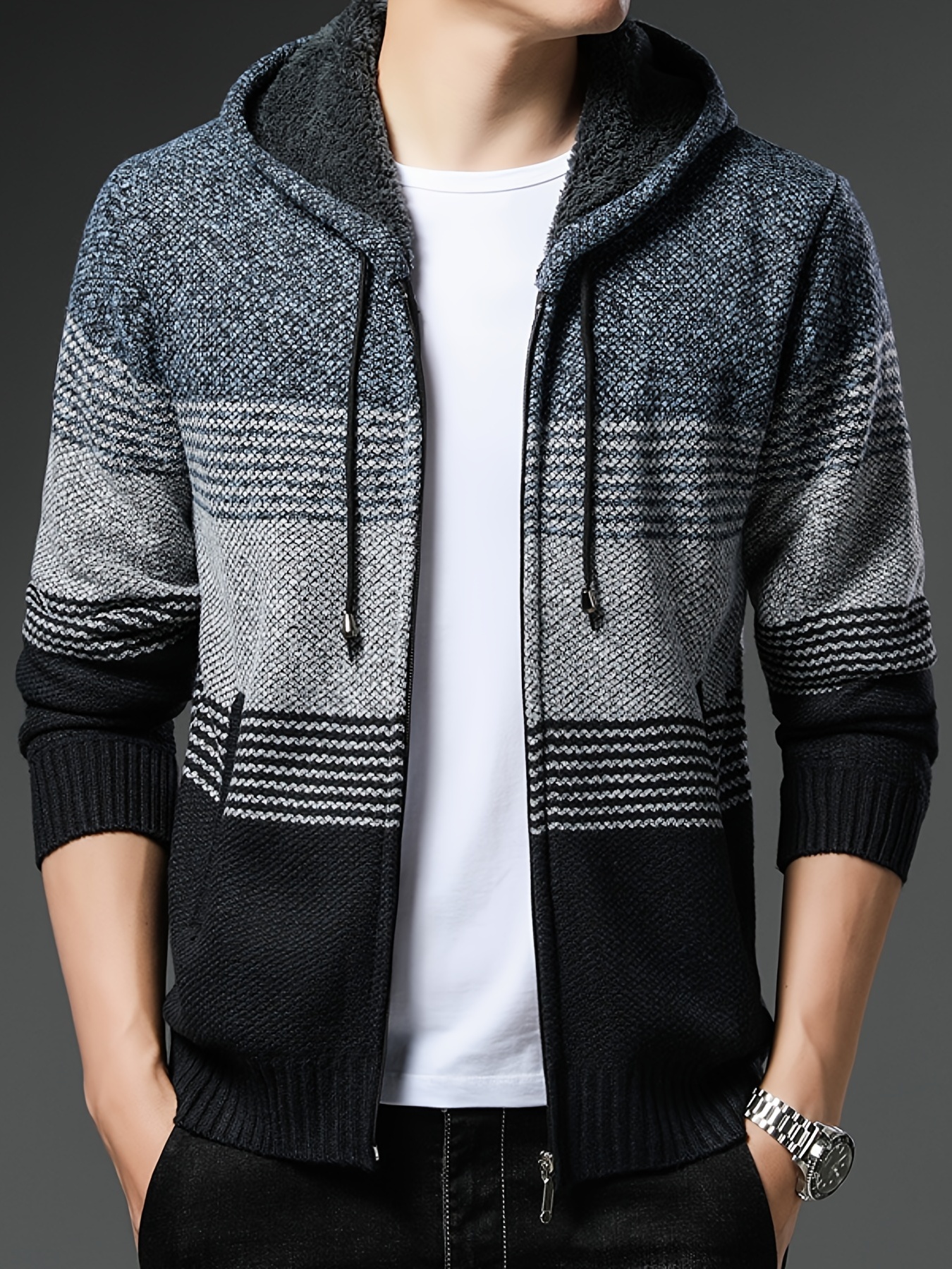 regular fit knitted sweater jacket coat, mens full zip up casual fleece lined hooded cardigan regular fit knitted sweater jacket coat with pockets for winter fall details 0