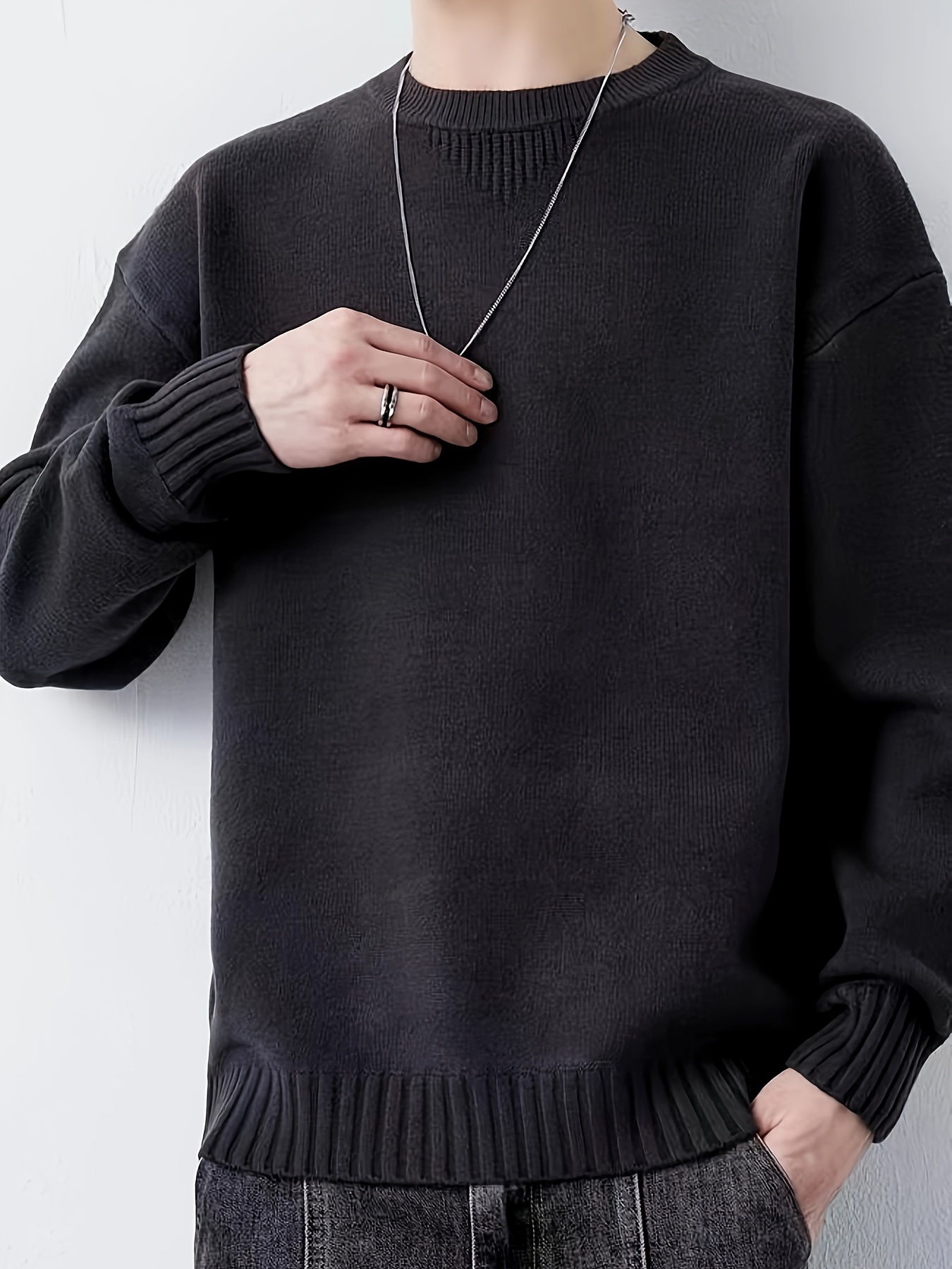 all match knitted sweater mens casual warm slightly stretch crew neck pullover sweater for fall winter details 3