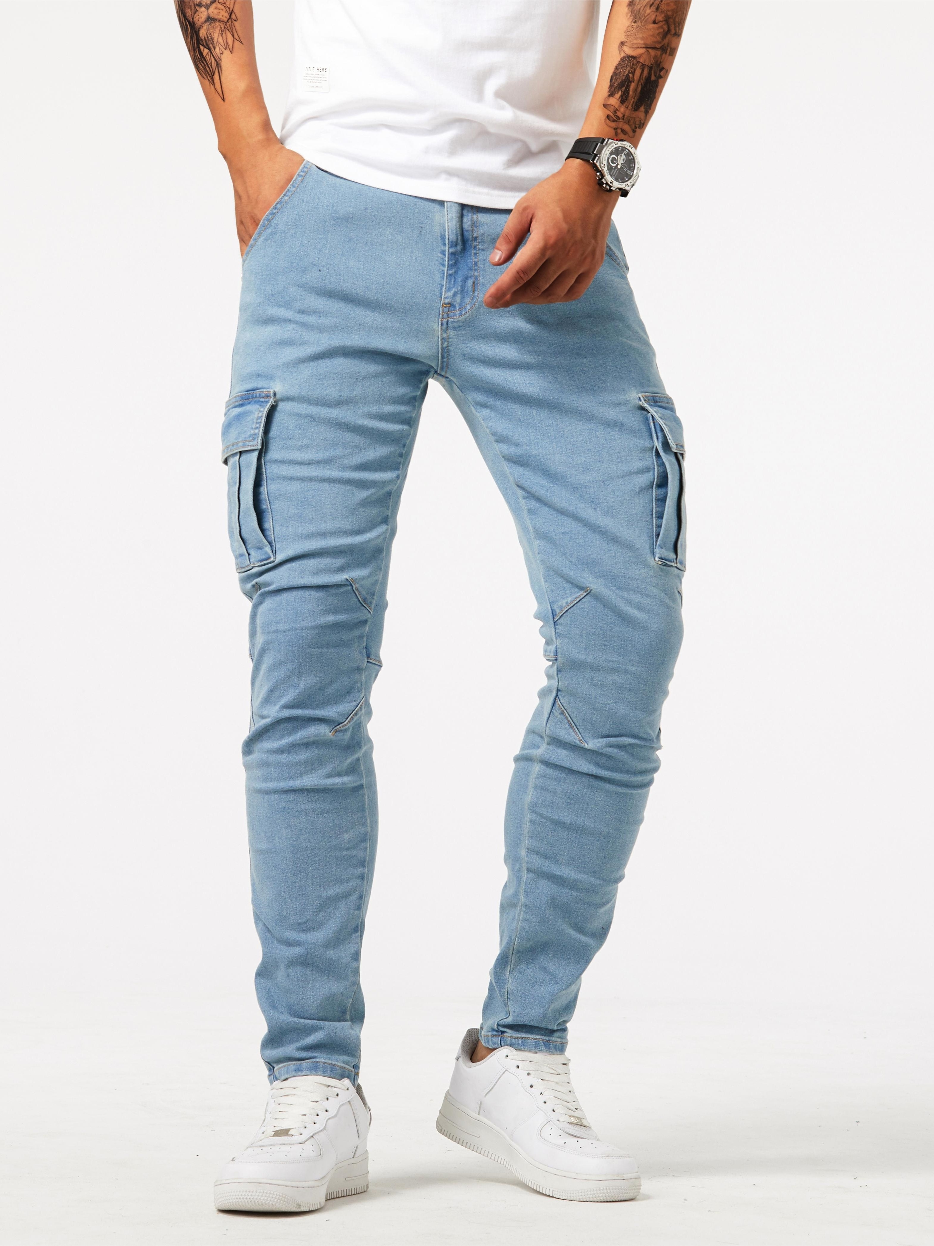 slim fit cargo jeans mens casual street style multi pocket high stretch denim pants for spring summer details 16