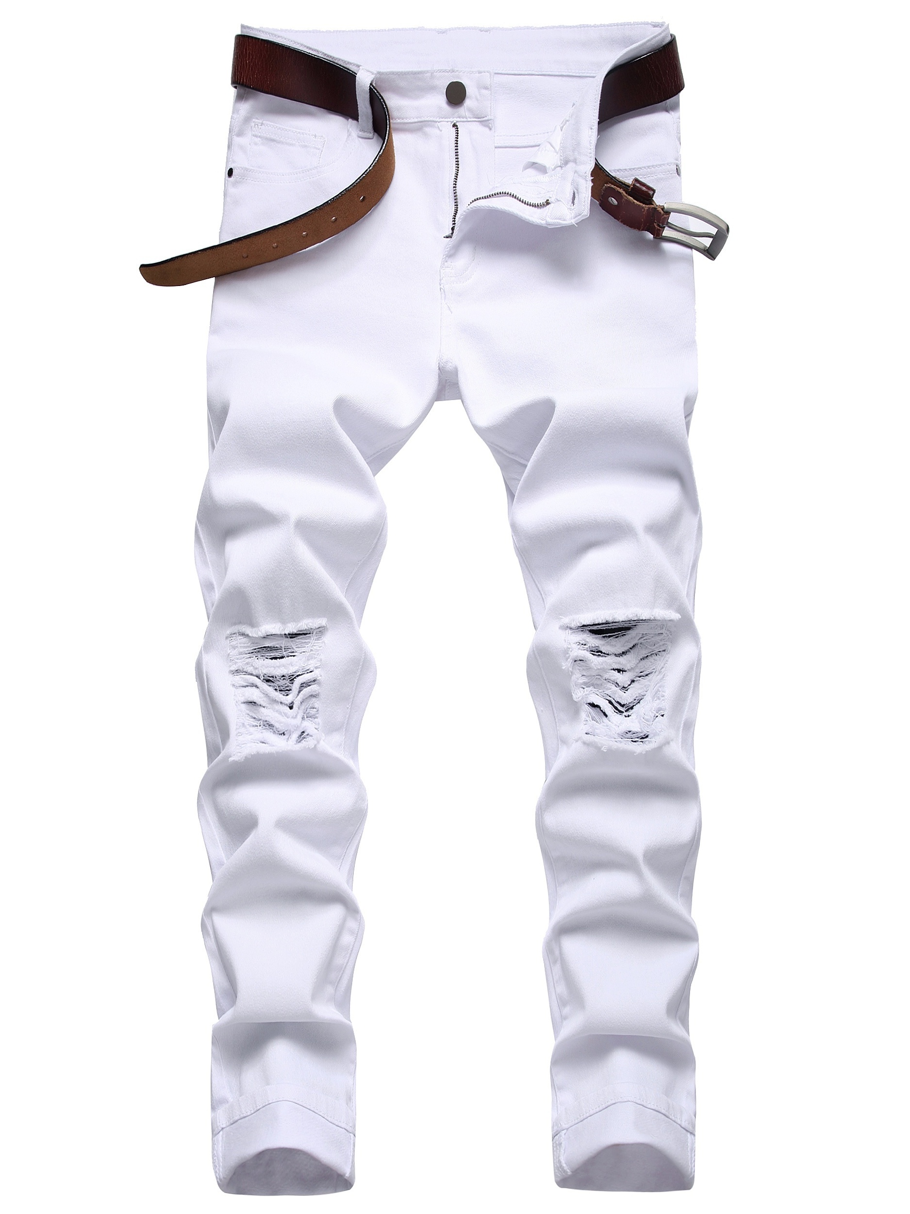 casual ripped slim fit white cotton jeans, mens casual ripped slim fit white cotton jeans details 1