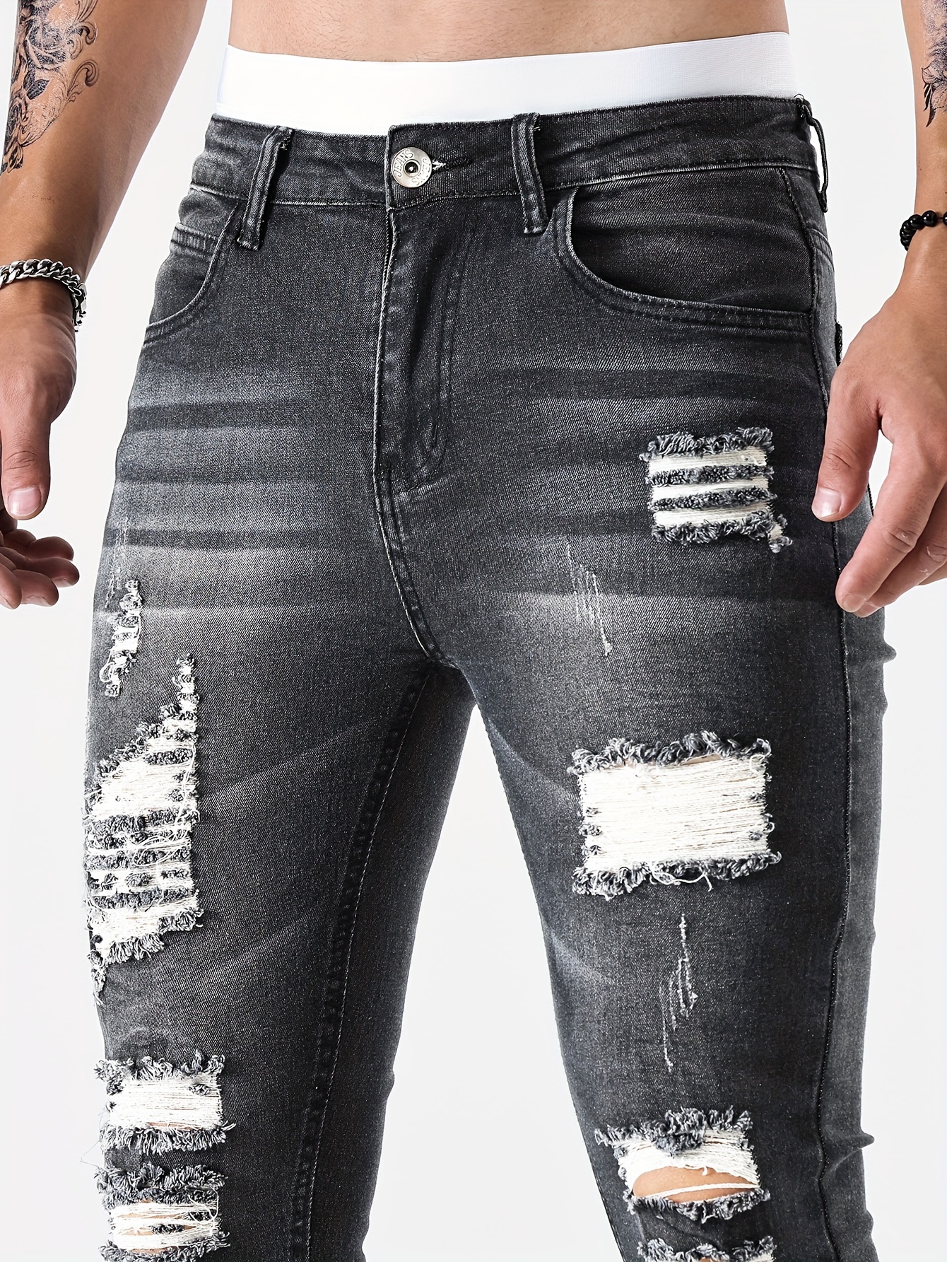 slim fit ripped jeans mens casual street style distressed medium stretch denim pants details 3