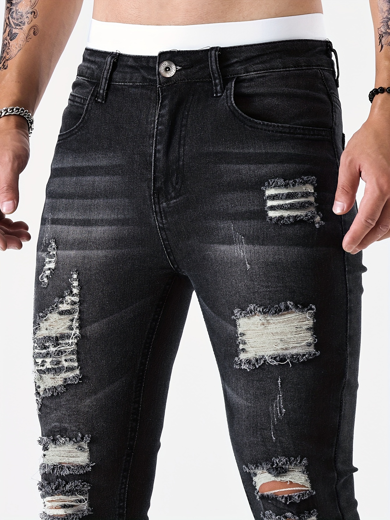 slim fit ripped jeans mens casual street style distressed medium stretch denim pants details 16